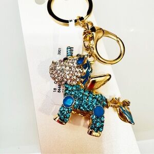 Rhinestone Unicorn Bag Charm Keychain Goldtone metal and Blue sparkles